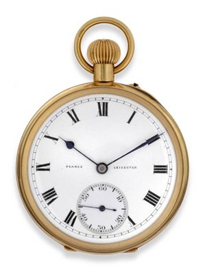 Lot 314 - An 18ct Gold Open Faced Keyless Pocket Watch, signed Pearce, Leicester, 1924, lever movement,...