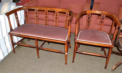 Lot 477 - Edwardian mahogany two seater settee with matching armchair, both with boxwood stringing