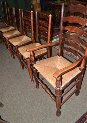 Lot 482 - Set of six farmhouse style ladder back dining chairs with rush seats