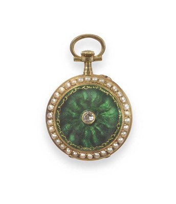 Lot 330 - A Lady's Diamond Enamel and Pearl Set Fob Watch, circa 1900, lever movement, dial with blue...