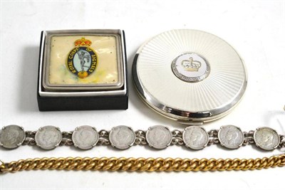 Lot 8 - ****not Gold**A curb link watch chain, a silver bracelet set with three-pence coins and two...