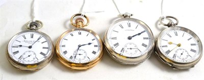 Lot 16 - Three silver cased pocket watches and a gold plated watch (4)