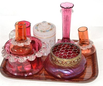 Lot 50 - Bohemian milk glass jar, Loetz style vase and various cranberry glass