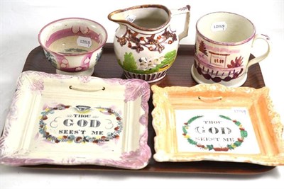 Lot 56 - Two Sunderland lustre plaques, a pedestal bowl, moulded jug and a mug (5)