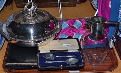 Lot 65 - A silver mounted claret jug, a pair of jam spoons, a plated entree dish, fruit knives and forks set
