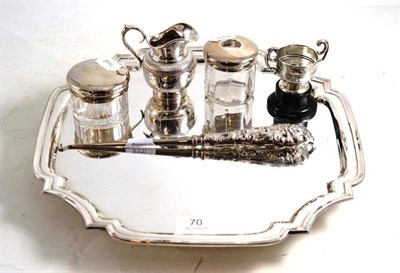 Lot 70 - Silver lidded toilet jars, a small silver trophy cup, plated tray and cream jug