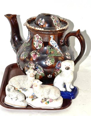Lot 71 - Four Staffordshire animals and a Meacham teapot (a.f.)