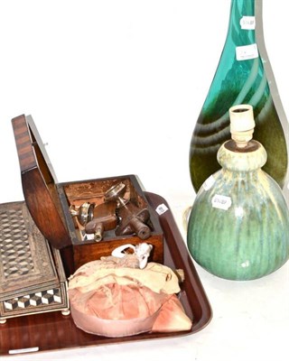 Lot 78 - A micro mosaic glove box, sewing accessories, art glass vase, Studio pottery vase etc