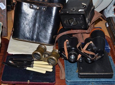 Lot 80 - Cased plated flatware, binoculars, opera glasses and a camera