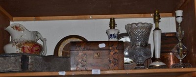 Lot 105 - A banjo, sewing boxes, clocks etc