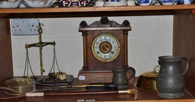 Lot 113 - Riding crop, two pewter tankards, mantel clock, scales etc