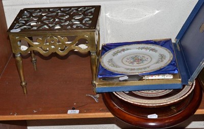 Lot 114 - A Georgian brass footman, a shell case, an oval mirror, a Goan tray and a Coalport plate - boxed