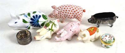 Lot 136 - Silver pig pin cushion and seven other assorted pigs