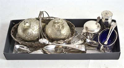 Lot 142 - A three piece silver cruet set, six Georgian silver teaspoons, four others, a pair of tongs and...