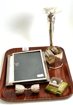 Lot 143 - Tray including silver picture frame, mirror, vase, etc