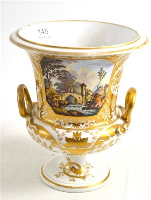 Lot 145 - A 19th century Crown Derby porcelain urn with gilt decoration and a painted topographical vignette