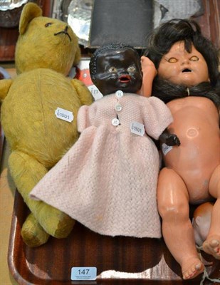 Lot 147 - Bisque doll's head, Teddy bear, two dolls and three books