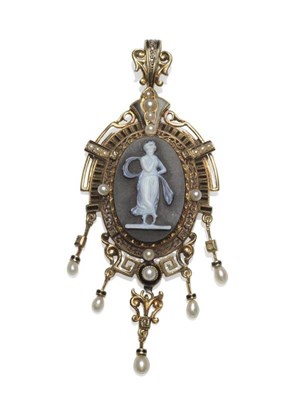 Lot 345 - A Cameo, Pearl and Diamond Pendant, a black and white hardstone cameo centrally depicting a maiden