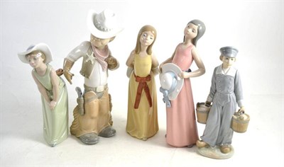 Lot 156 - Three Lladro figurines of women with hats, a cowboy and a milkmaid (5)
