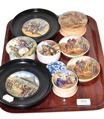 Lot 163 - Seven assorted Victorian pot lids including Wimbledon July 2nd 1860, a Chinese ginger jar cover and