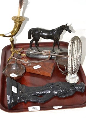 Lot 169 - A spelter model of a horse, a brass inkwell the base modelled as an eagle's claw, a cast iron...