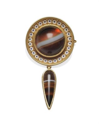 Lot 347 - A Sardonyx and Enamel Brooch, by Robert Phillips, a round cabochon sardonyx within a decorative...