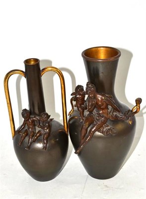 Lot 180 - A bronzed spelter two handled vase surmounted by a Classical maiden and a putto and a similar...