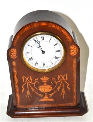 Lot 202 - An Edwardian mahogany timepiece, inlaid with urns and ribbons, satinwood banded, 26cm