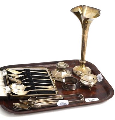 Lot 204 - Six silver teaspoons cased, six uncased, a vase, tongs, napkin ring, inkwell and mustard pot