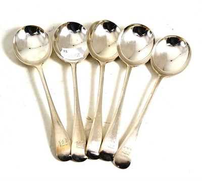 Lot 213 - Five silver soup spoons, Sheffield, various dates