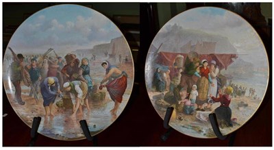Lot 234 - A pair of Sarreguemines pottery plaques, painted by V Gossens, circa 1900, with beach scenes...
