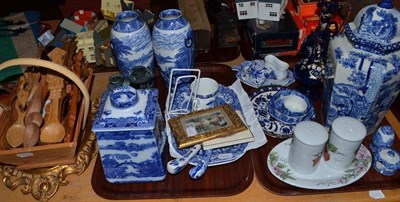Lot 257 - Two blue glass jugs, blue and white ceramics, modern carved wooden spoons, two miniatures etc