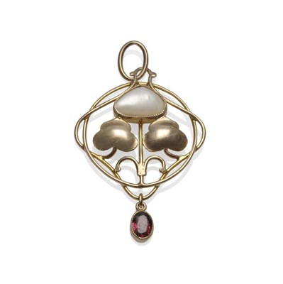 Lot 358 - A Pearl and Garnet Pendant, by Murrle Bennett, the naturalistic form set with a baroque pearl, with