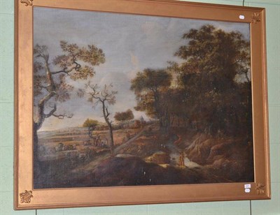 Lot 307 - British School (19th century), a gentleman with a fishing rod and his dog in a river landscape, oil