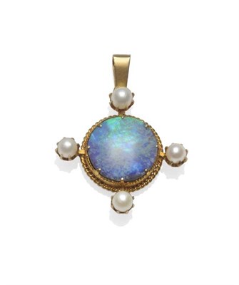 Lot 359 - An Opal Triplet and Cultured Pearl Pendant, the round opal triplet in a yellow claw setting...