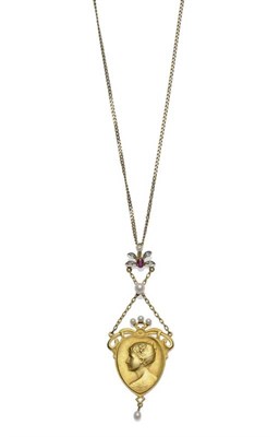 Lot 360 - An Art Nouveau Style Diamond, Pearl and Ruby Pendant, a spray of gemstones, chain linked to a...