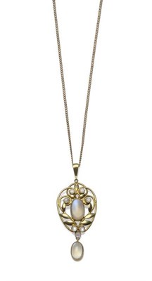 Lot 361 - An Art Nouveau Moonstone Set Pendant, by Liberty & Co., on a Chain, the naturalistic style...