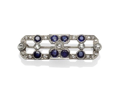 Lot 369 - A Sapphire and Diamond Plaque Brooch, circa 1930, old cut and eight-cut diamonds and round cut...