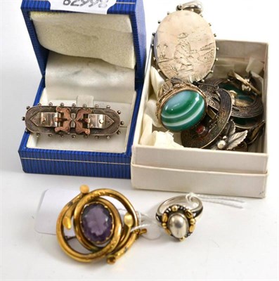 Lot 4 - A ring by Georg Jensen, assorted brooches, silver and white metal jewellery