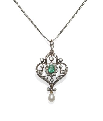 Lot 384 - A Victorian Emerald, Diamond and Pearl Pendant on Chain, of scrolling form, an emerald-cut...