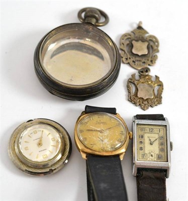 Lot 14 - Silver pocket watch case, two silver fobs, Rotary wristwatch, Medana wristwatch and a modern...