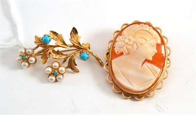 Lot 38 - A 9ct gold cameo brooch and a 9ct gold turquoise and cultured pearl spray brooch