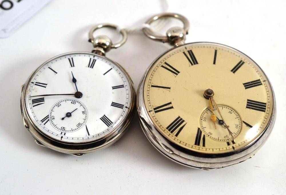 Lot 59 - A silver open faced pocket watch and a fob watch with case stamped 'Fine Silver' (2)