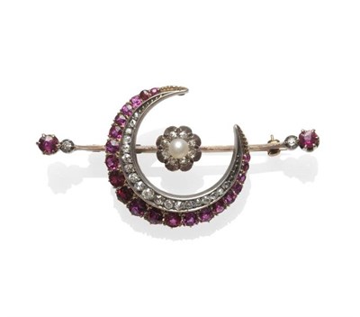 Lot 390 - A Late Victorian Ruby, Diamond and Pearl Brooch, a pearl and old cut diamond cluster to the...