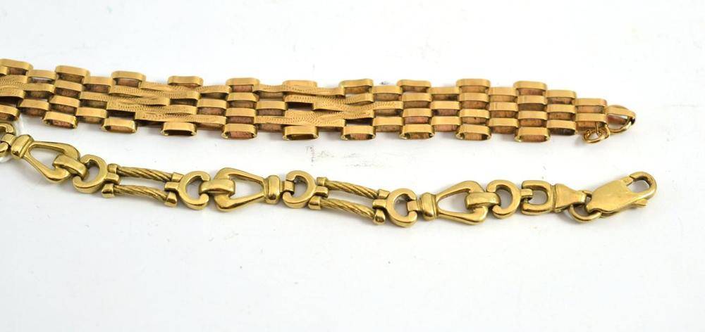 Lot 70 - A 9ct gold gate bracelet and a 9ct gold fancy link bracelet