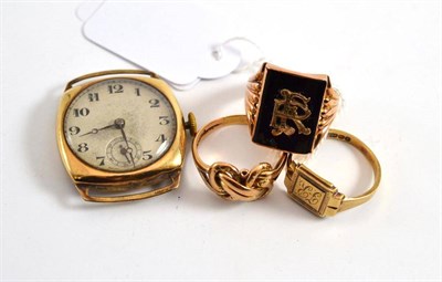Lot 73 - A knot ring, a 9ct gold signet ring, an onyx set signet ring and a wristwatch