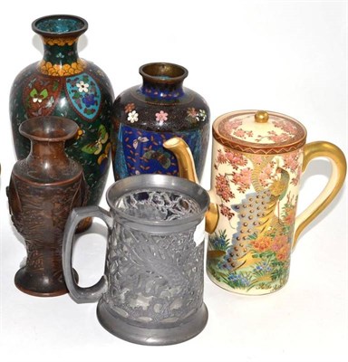 Lot 77 - A Japanese earthenware coffee pot; two cloisonne vases; a 'bronzed' spelter Japanese vase,...