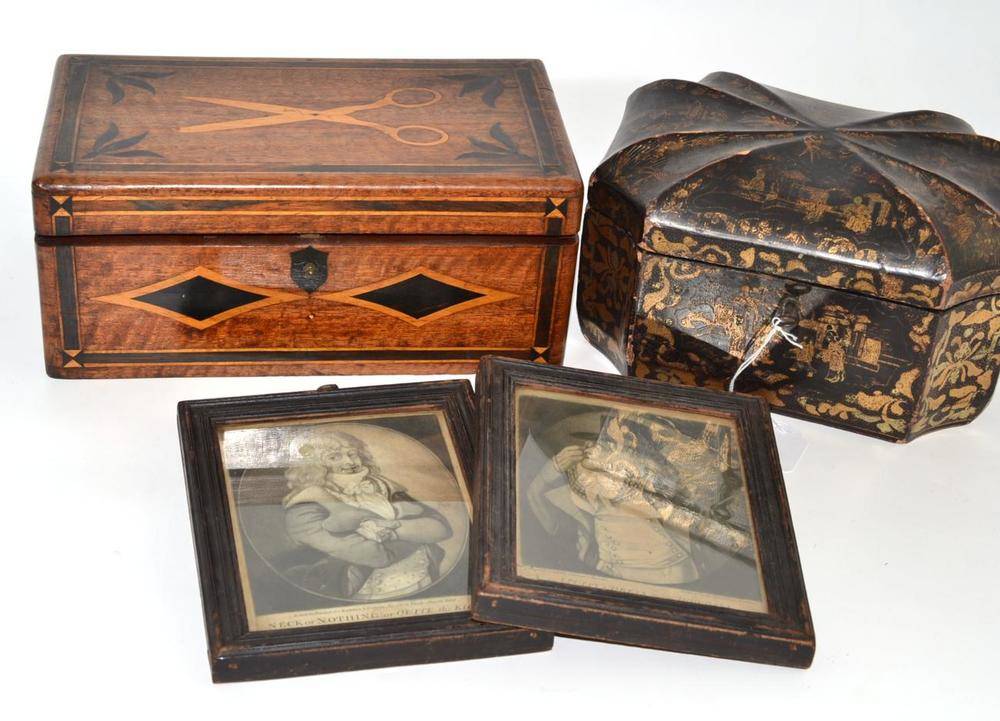Lot 80 - A 19th century mahogany box inlaid with scissors, a pair of kid gloves, a Victorian papier...