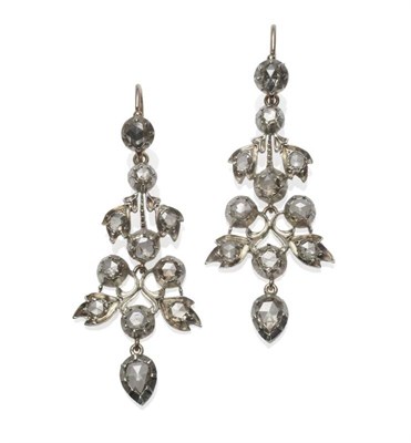 Lot 392 - A Pair of Rose Cut Diamond Set Chandelier Earrings, the various shaped diamonds in white...