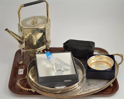 Lot 90 - A Lalique 'Pimlico' bird paperweight (boxed); a Victorian silver plated tea kettle, burner and...